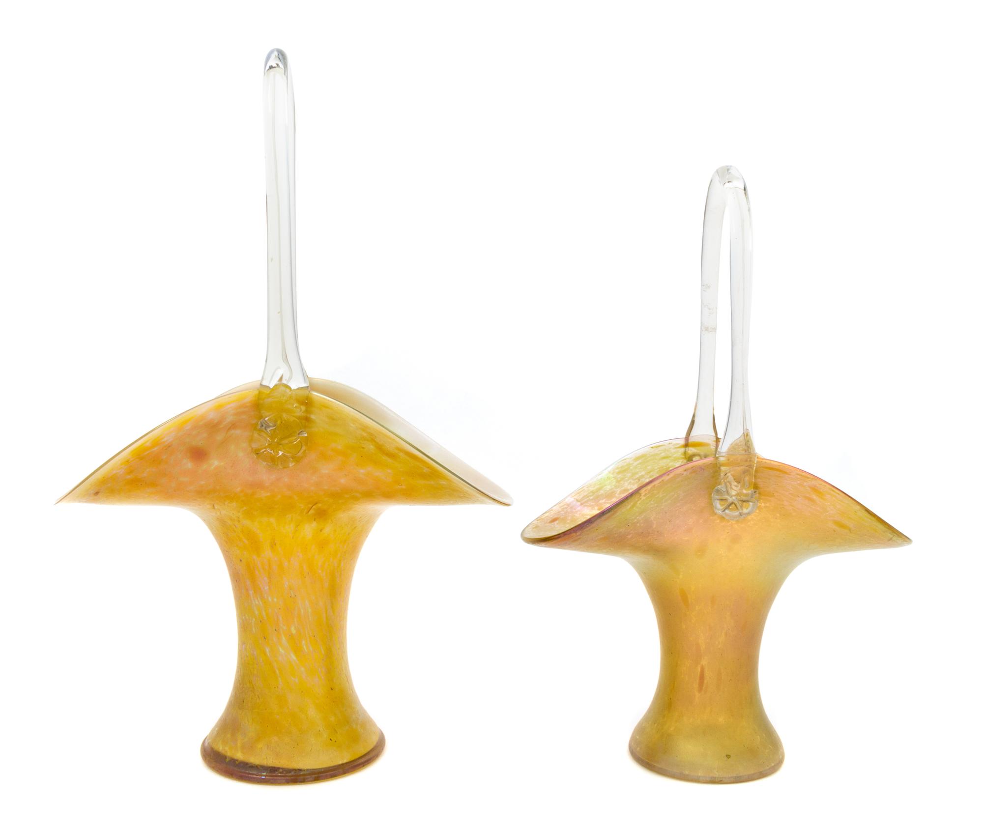 Two Glass Baskets Height of tallest 15 3/8 inches.