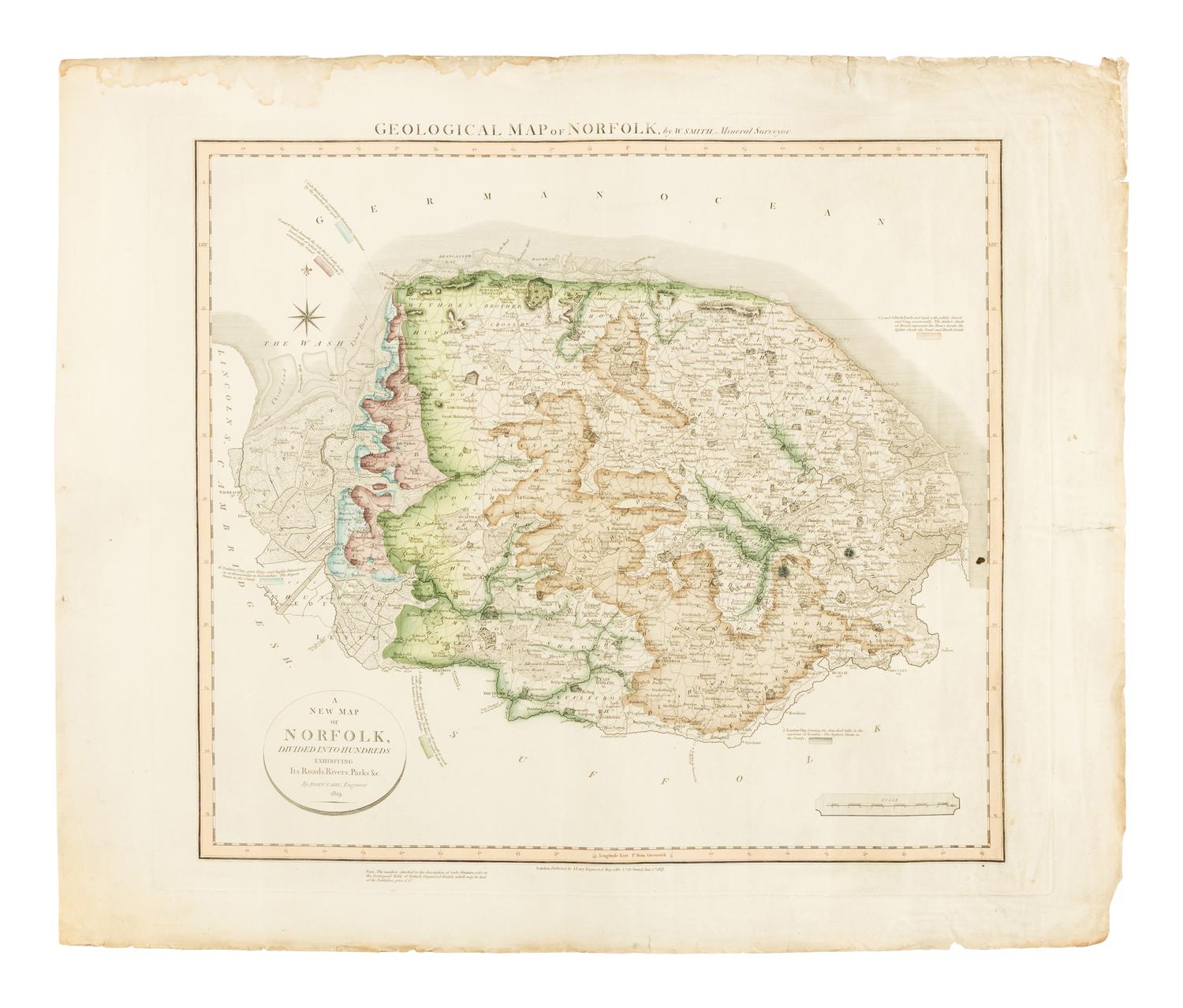 [MAP]. SMITH, William (1769-1839). Geological Map of Norfolk, by W. Smith, Mineral Surveyor . London: J. Cary Engraver & Map seller, Jan. 1819.