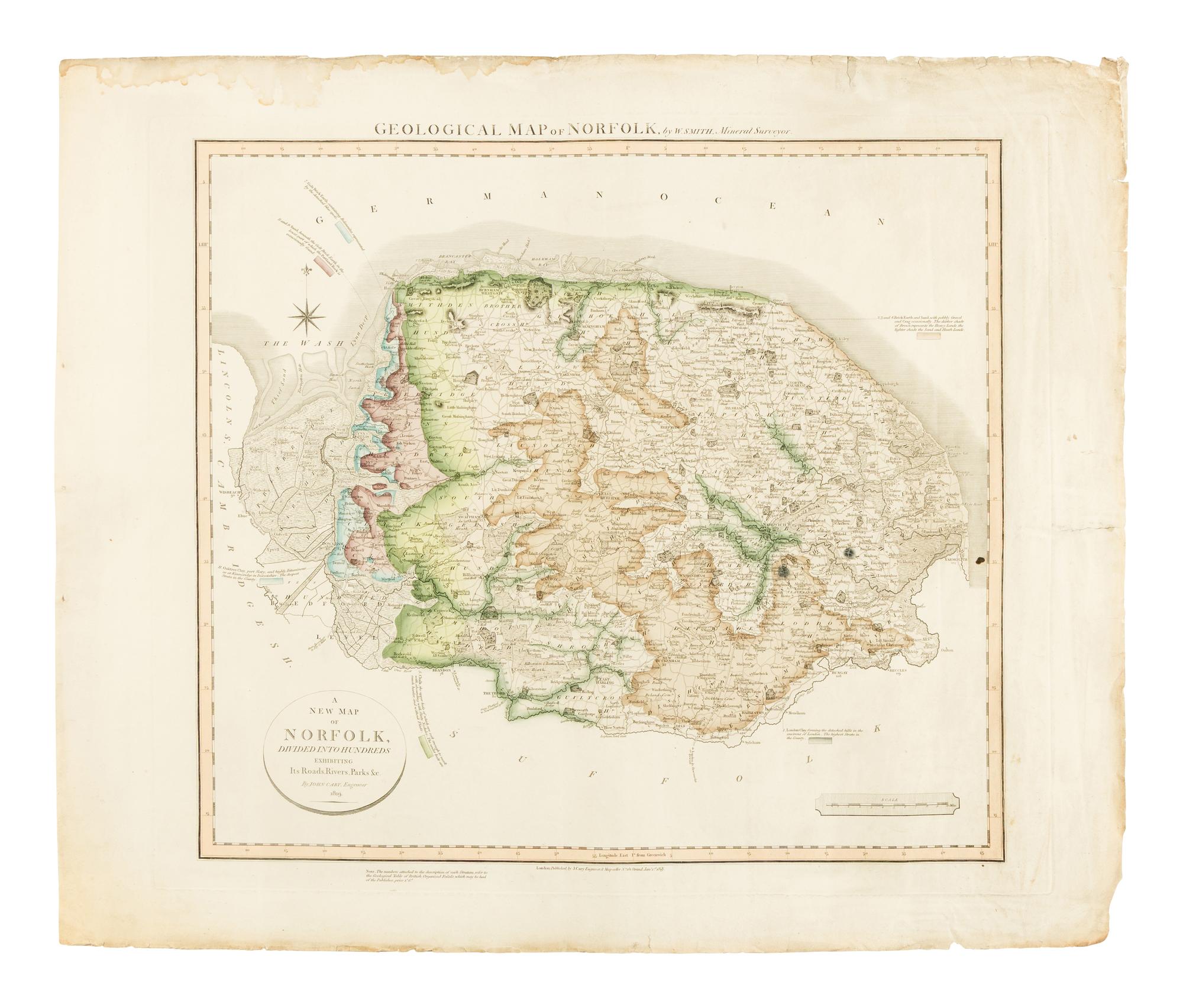 [MAP]. SMITH, William (1769-1839). Geological Map of Norfolk, by W. Smith, Mineral Surveyor . London: J. Cary Engraver & Map seller, Jan. 1819.