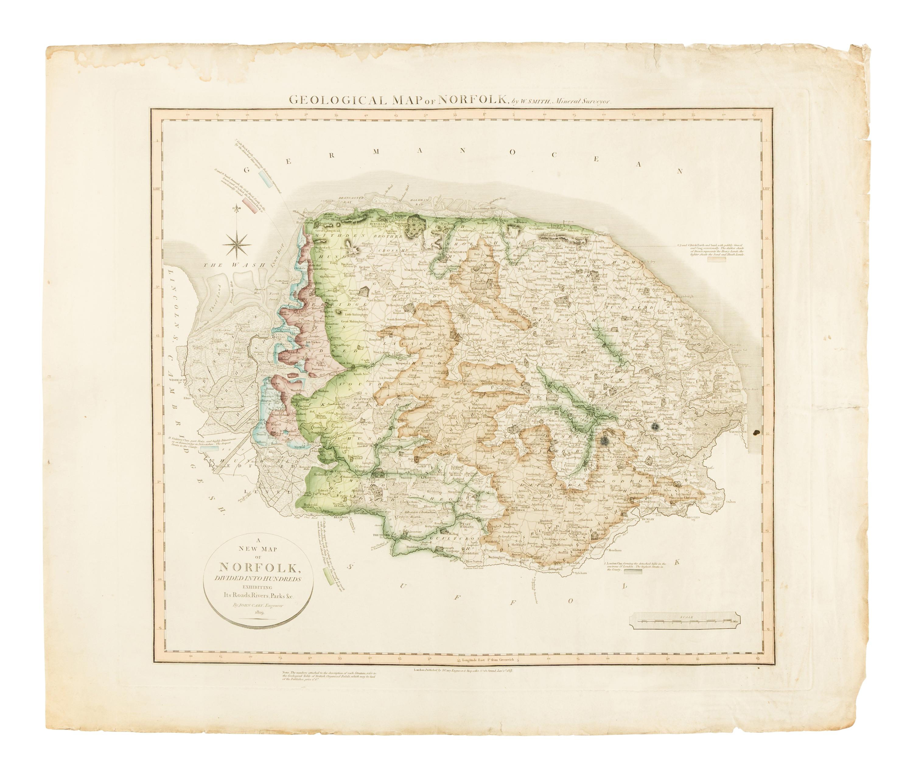 [MAP]. SMITH, William (1769-1839). Geological Map of Norfolk, by W. Smith, Mineral Surveyor . London: J. Cary Engraver & Map seller, Jan. 1819.