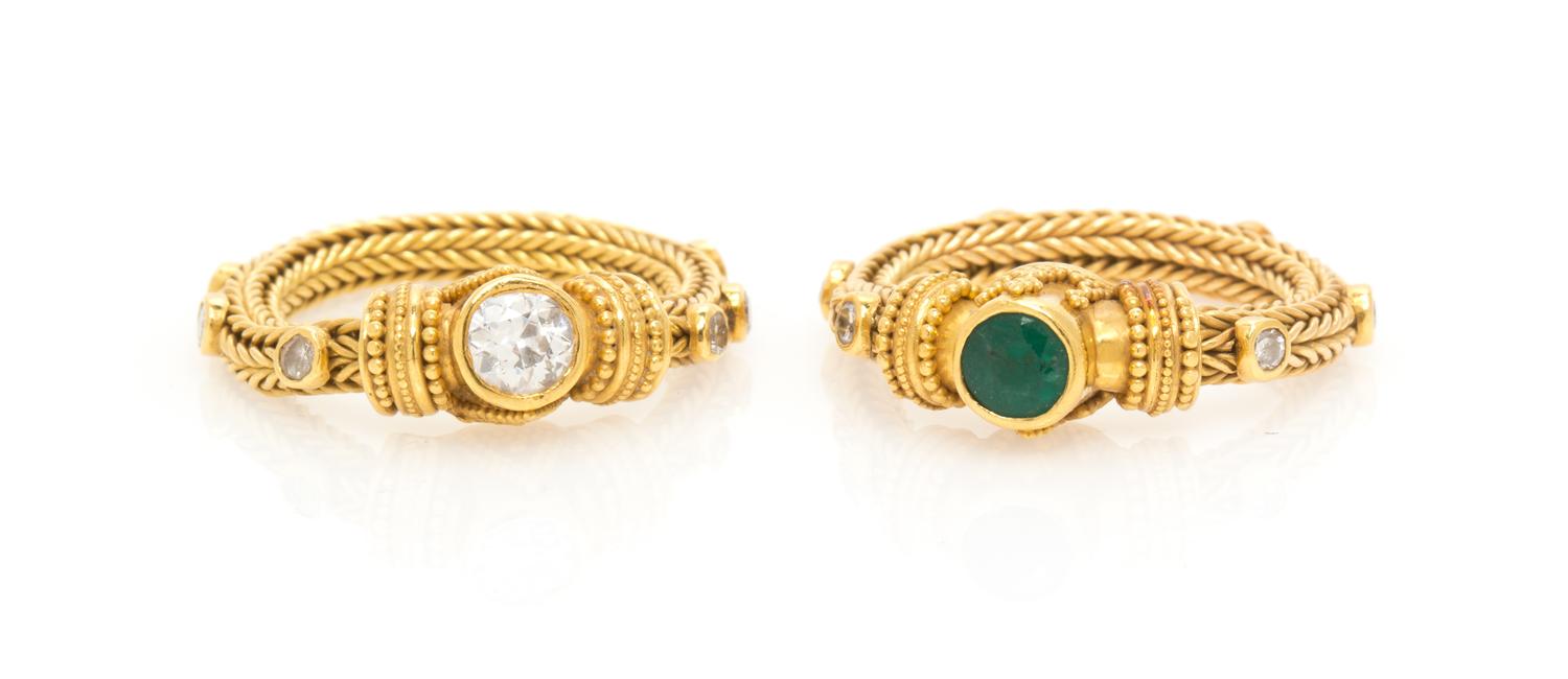 A Collection of High Karat Yellow Gold, Emerald and Diamond Rings, Luna Felix, 11.50 dwts