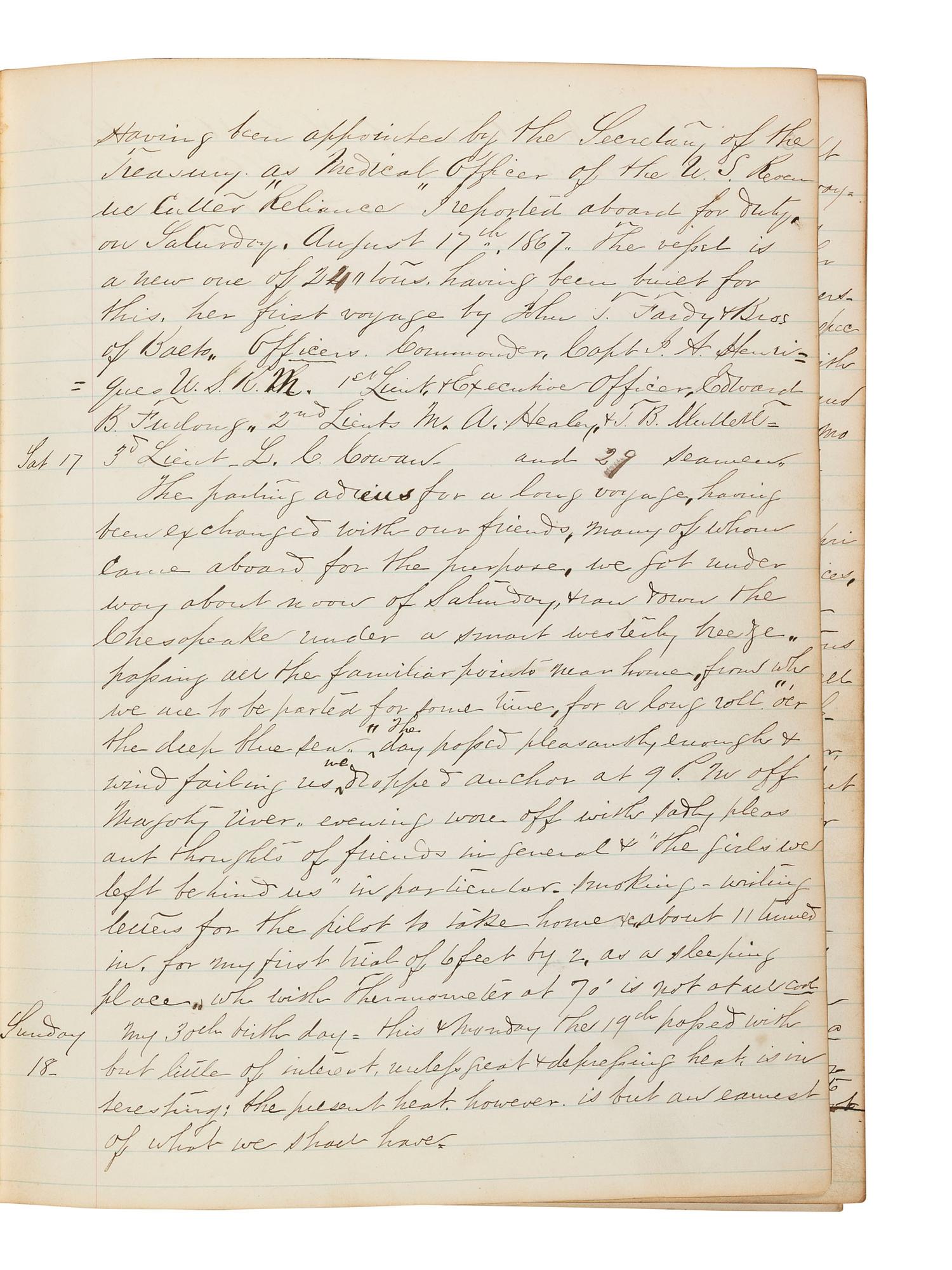 [U.S. COAST GUARD] -- [AFRICAN AMERICANA]. Ship journal of Dr. Calvin Carter, Medical Officer on board the U.S. Revenue Cutter Reliance , 1867-1868.