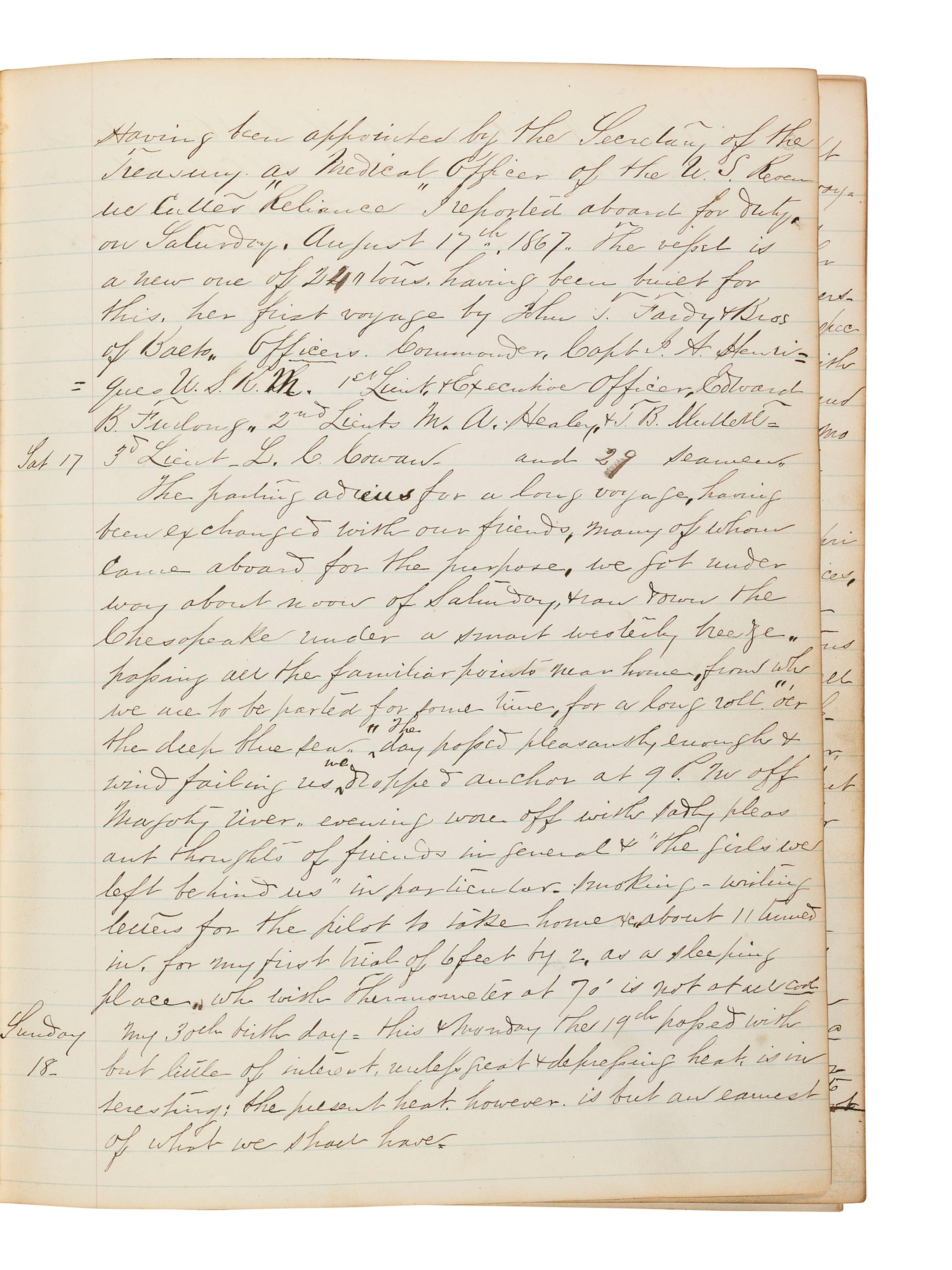 [U.S. COAST GUARD] -- [AFRICAN AMERICANA]. Ship journal of Dr. Calvin Carter, Medical Officer on board the U.S. Revenue Cutter Reliance , 1867-1868.