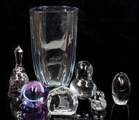 A Group of Six Glass Paperweights Height of vase 9 1/2 inches.