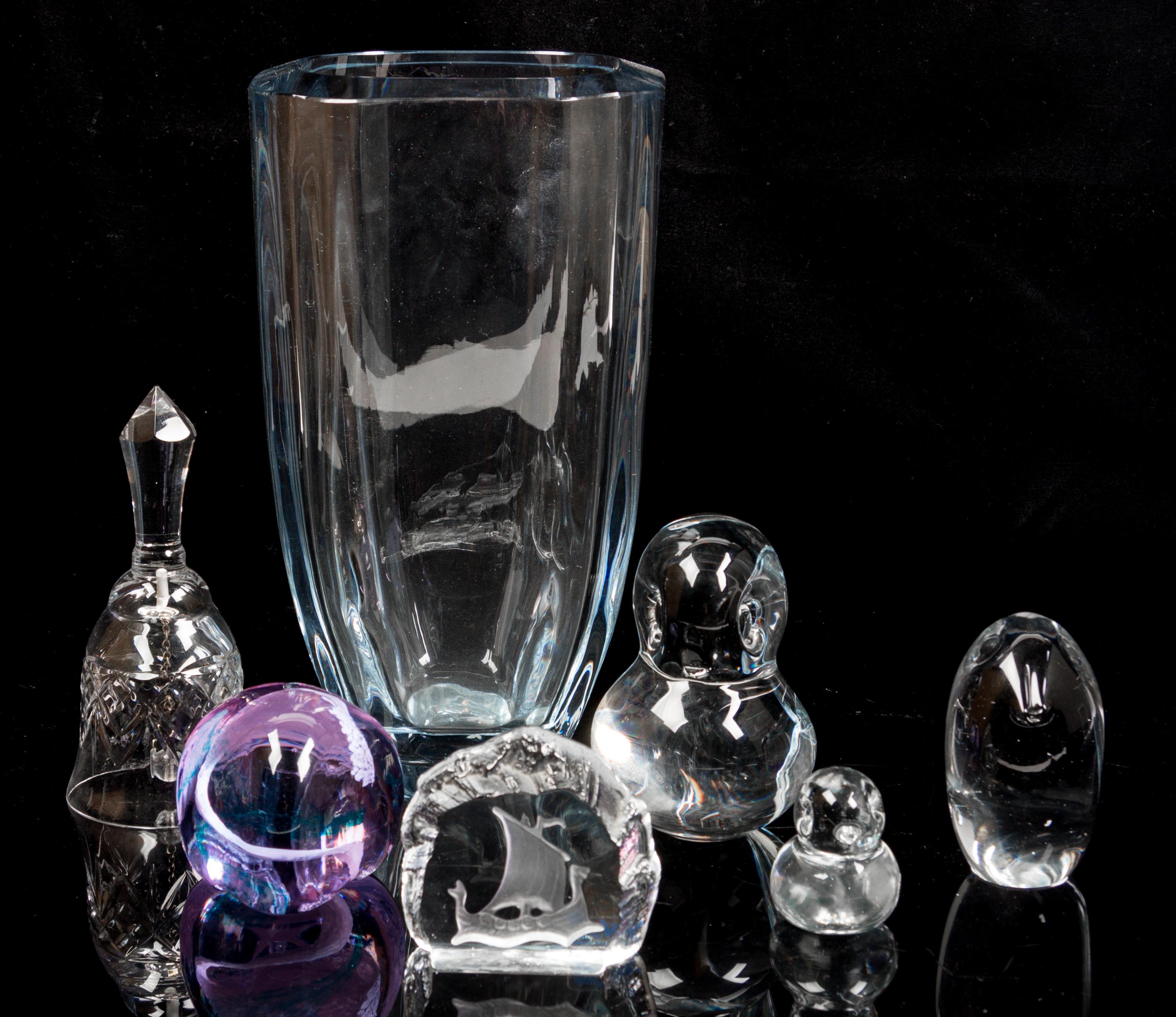 A Group of Six Glass Paperweights Height of vase 9 1/2 inches.