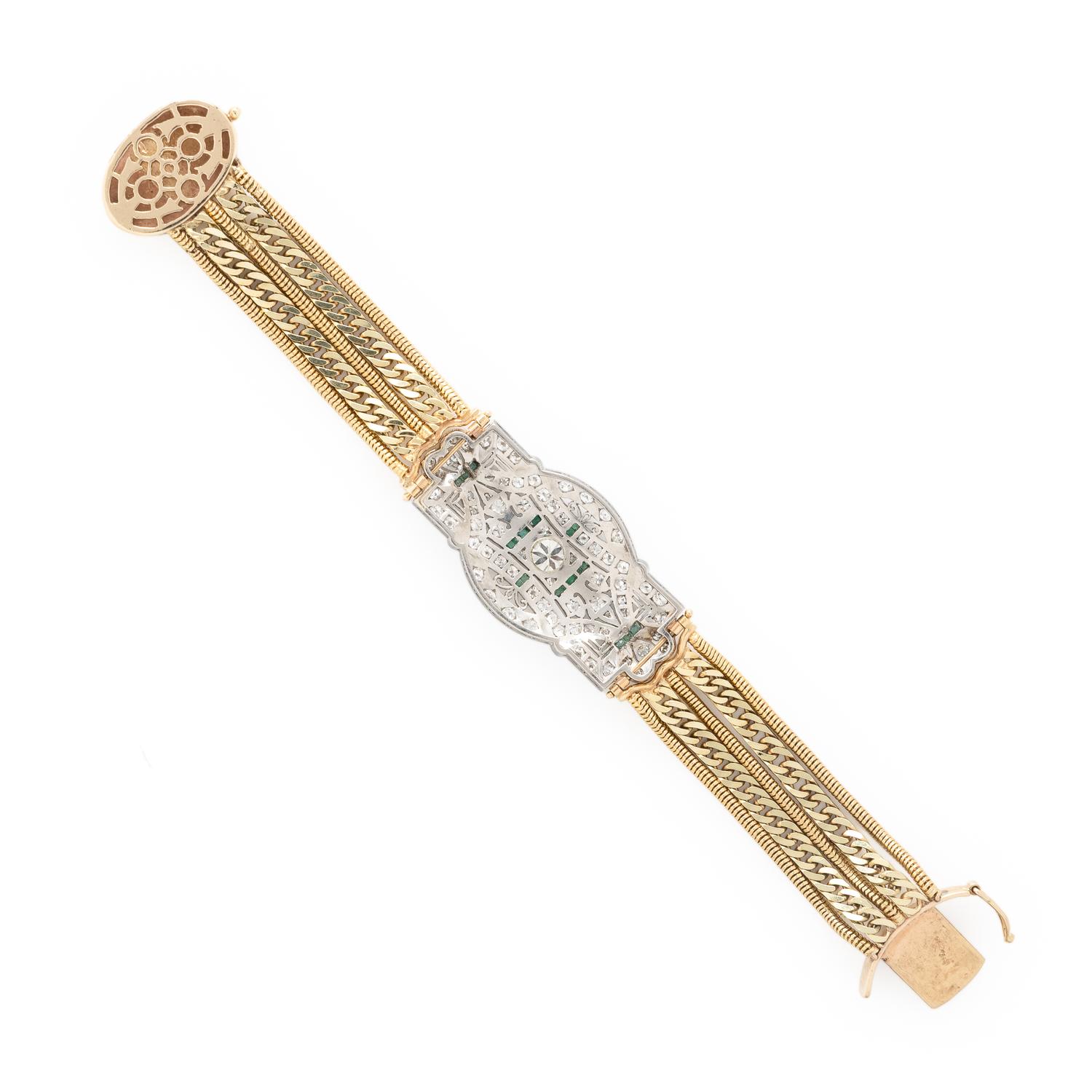 Diamond, Emerald, Platinum, and Yellow Gold Bracelet