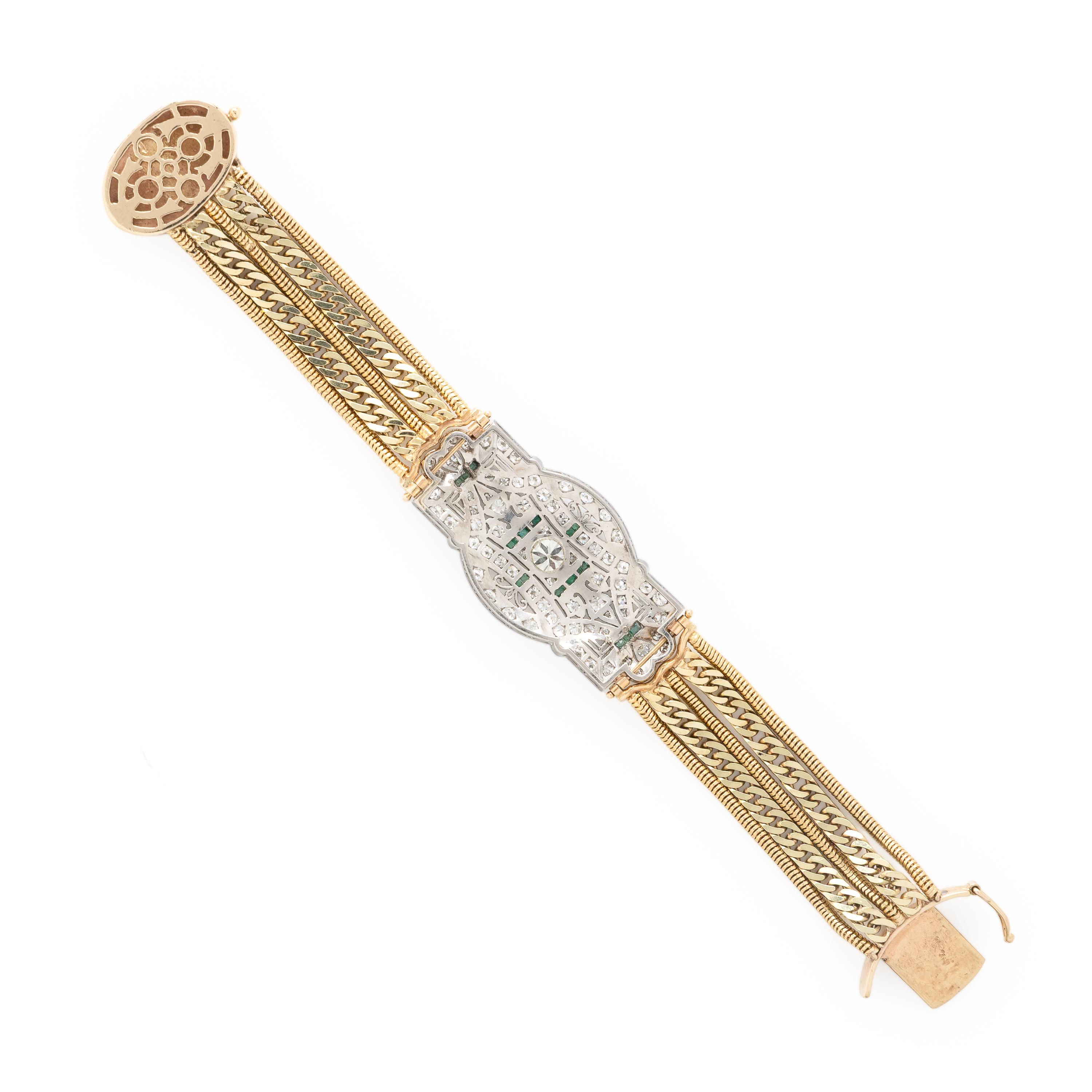 Diamond, Emerald, Platinum, and Yellow Gold Bracelet