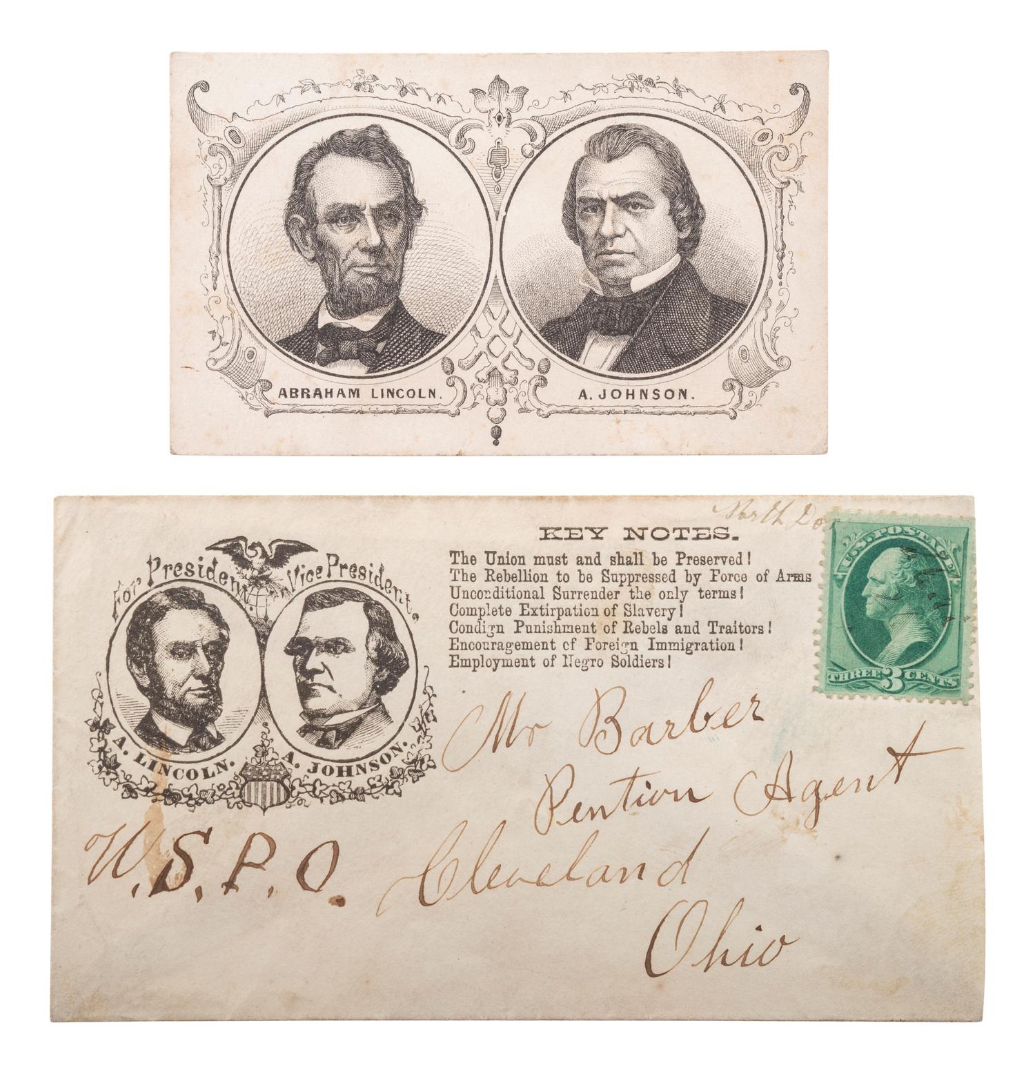 [LINCOLN, Abraham (1822-1865)]. Lincoln and Johnson jugate anti-slavery cover. [ With :] Jugate lithograph card.