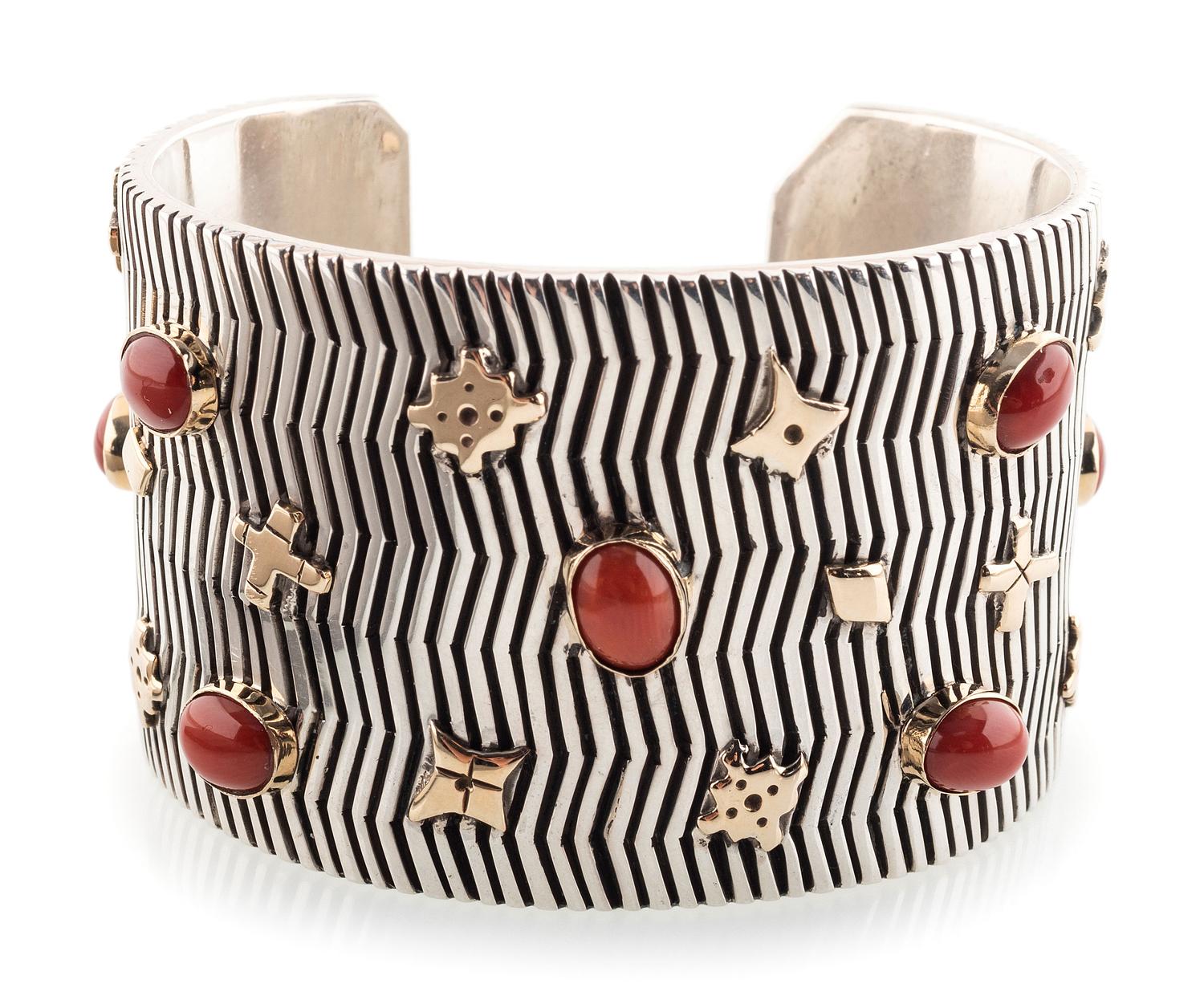 Sterling Silver Cuff Bracelet, Set with Coral Cabochons and Accented with 14K Gold