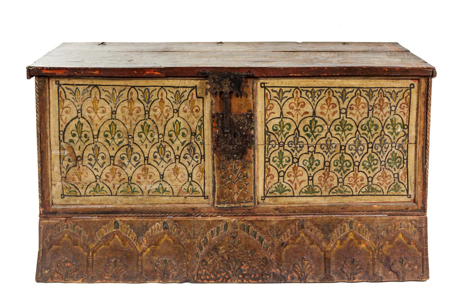 A Syrian Carved and Painted Blanket Chest Height 29 5/8 x width 56 1/4 x depth 24 inches. — 19TH CENTURY
