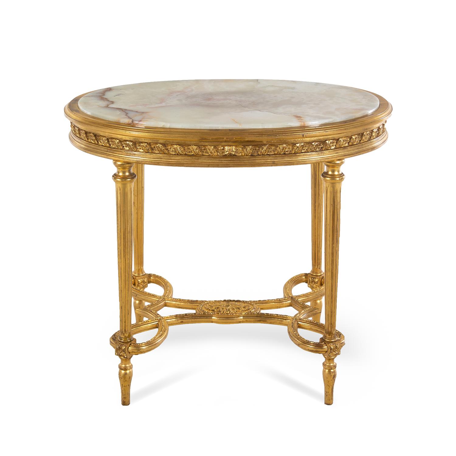 A Louis XVI Style Onyx-Inset Giltwood Center Table in the Style of Adam Weisweiler