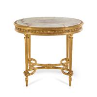 A Louis XVI Style Onyx-Inset Giltwood Center Table in the Style of Adam Weisweiler