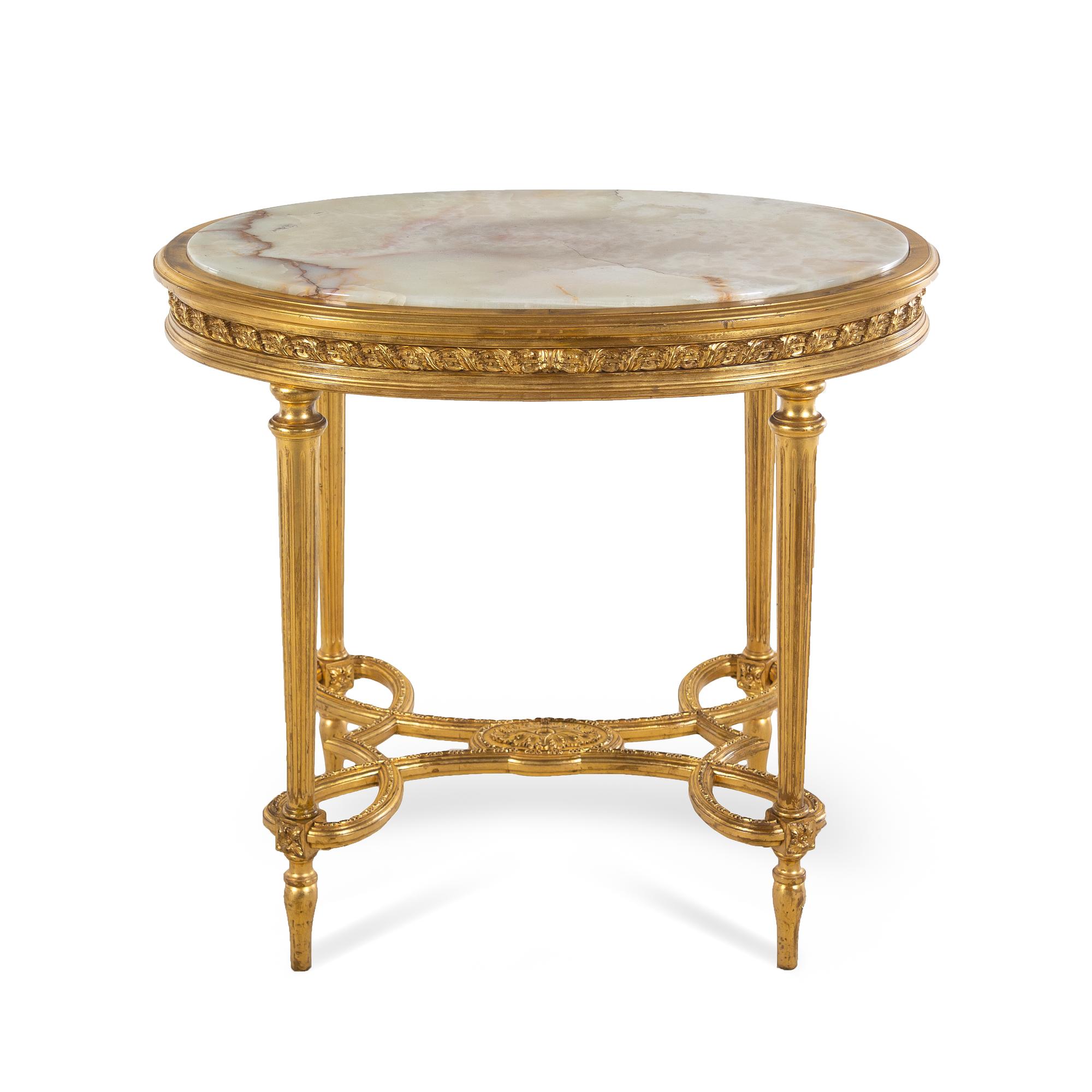 A Louis XVI Style Onyx-Inset Giltwood Center Table in the Style of Adam Weisweiler