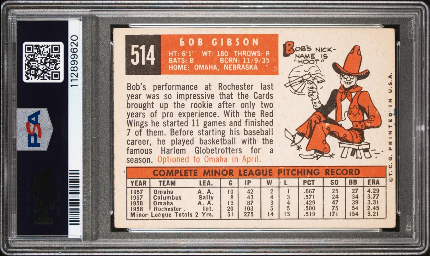 A 1959 Topps Bob Gibson Rookie Baseball Card No. 514 (PSA 2 GOOD)
