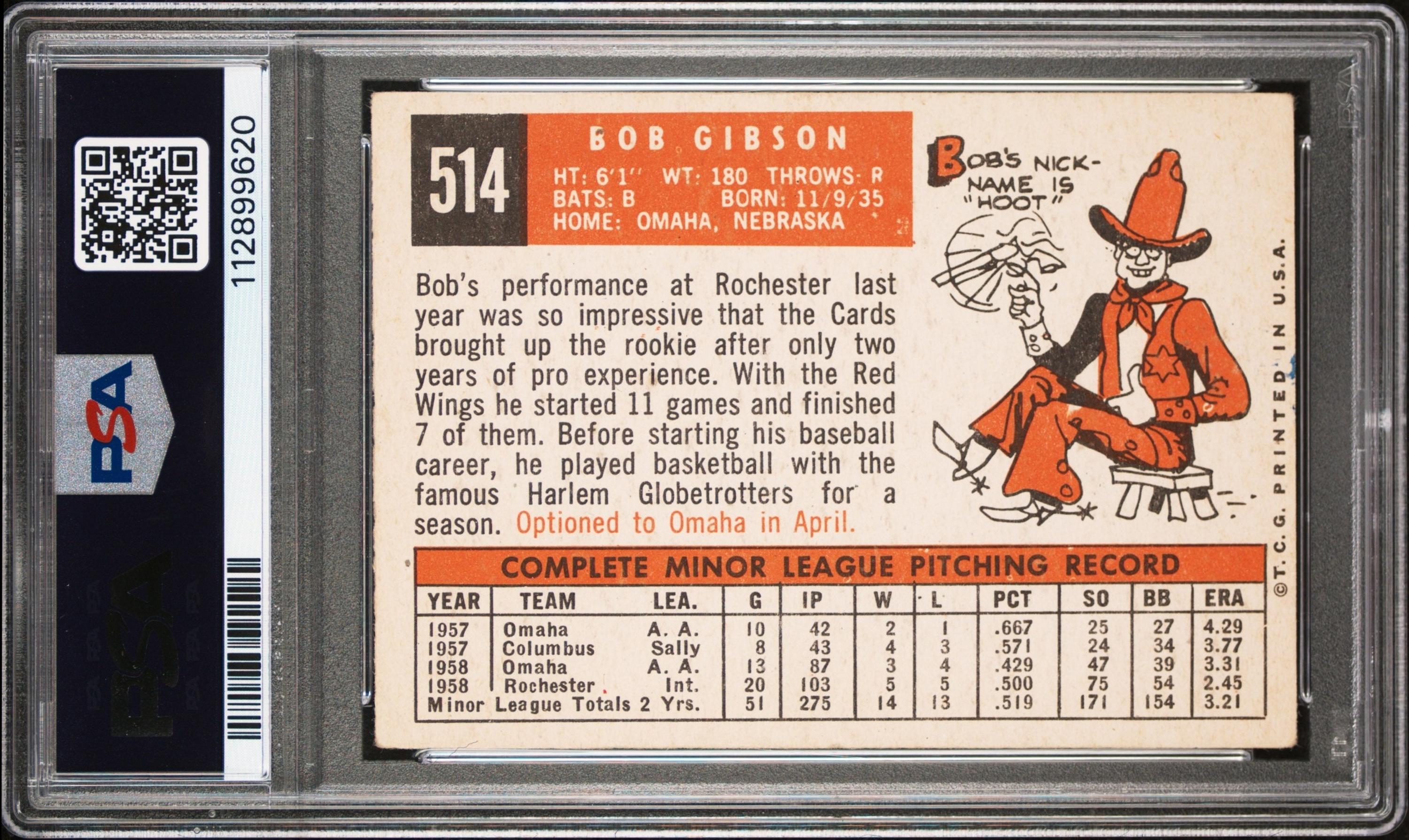 A 1959 Topps Bob Gibson Rookie Baseball Card No. 514 (PSA 2 GOOD)