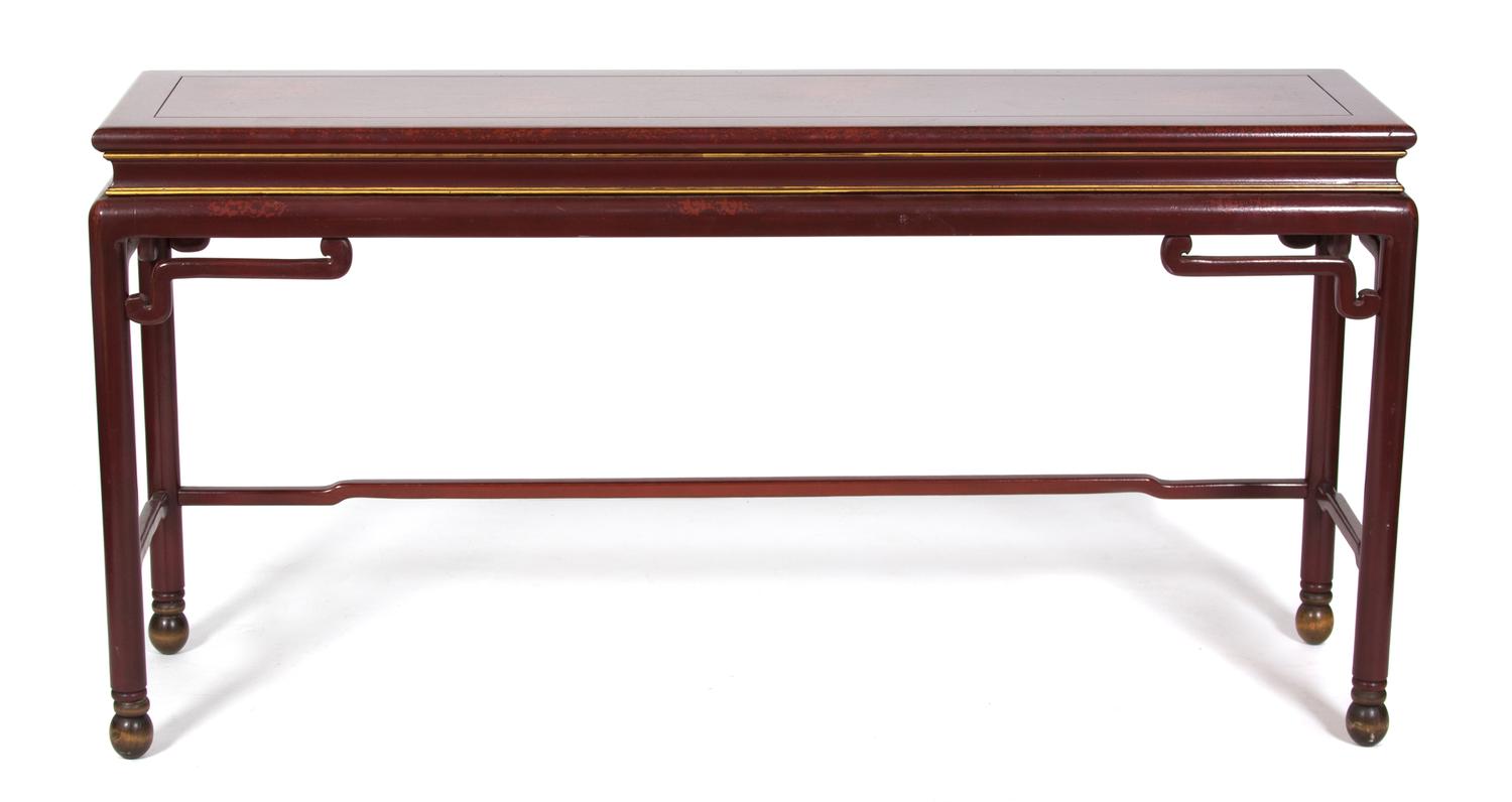 A Pair of Chinese Red Lacquer Altar Tables Height 30 x width 60 x depth 16 inches. — 20TH CENTURY