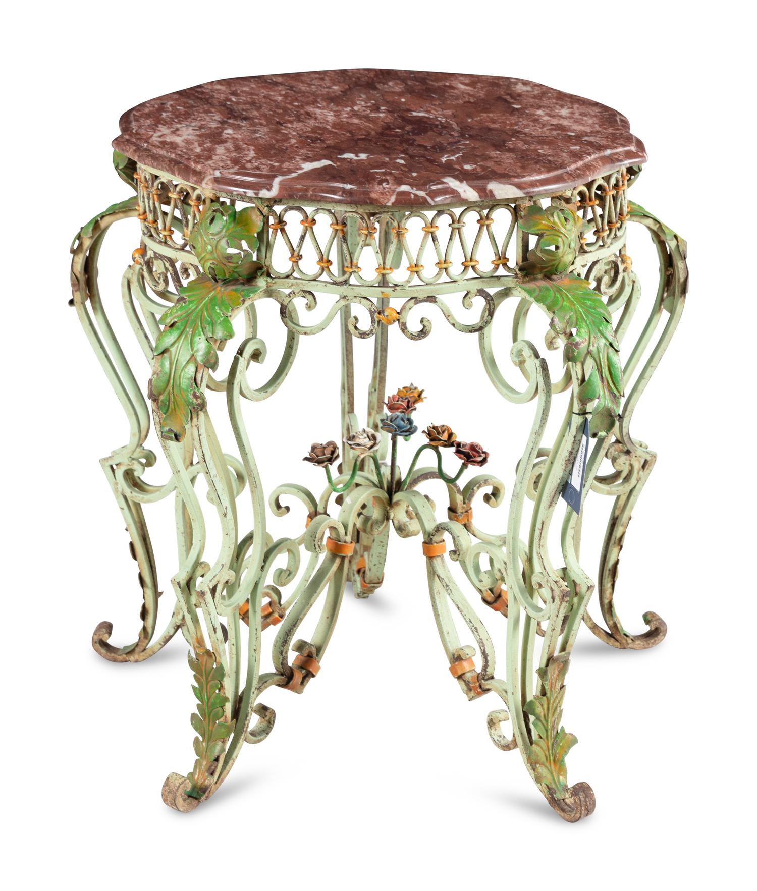 A Painted and Parcel Gilt Wrought Iron Marble-Top Table