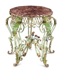 A Painted and Parcel Gilt Wrought Iron Marble-Top Table