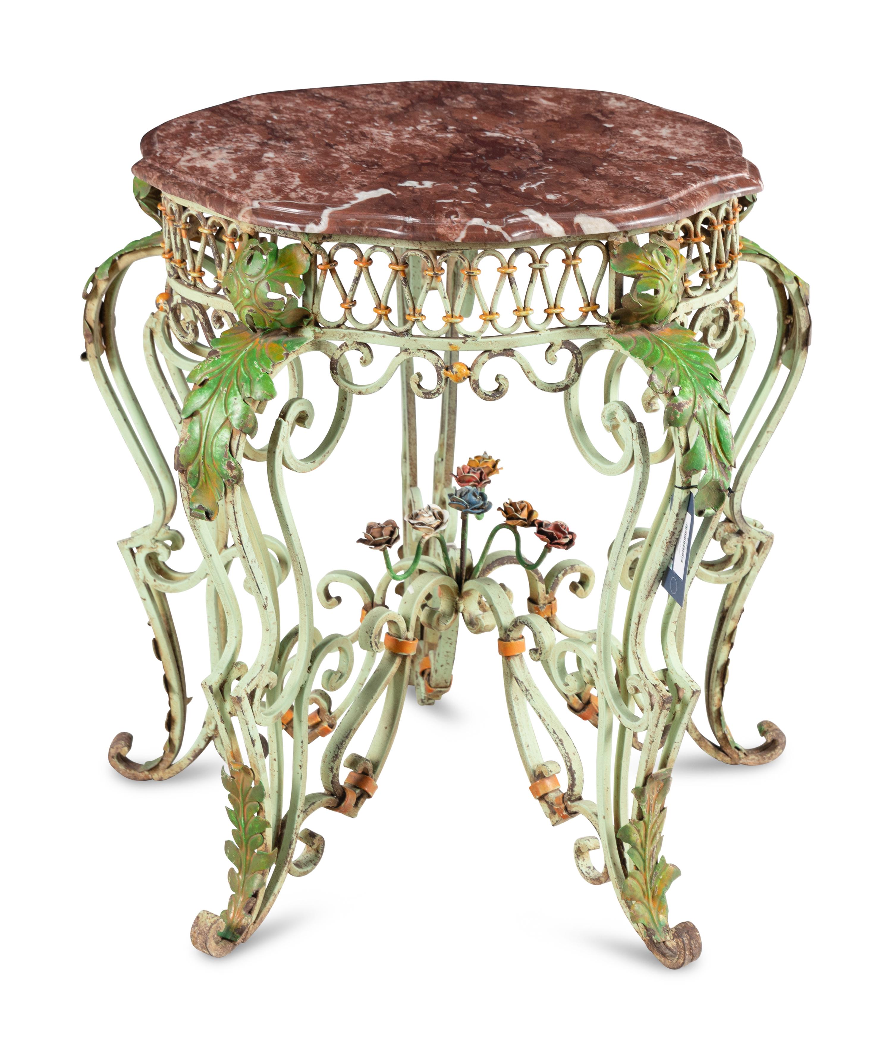 A Painted and Parcel Gilt Wrought Iron Marble-Top Table