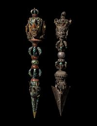 Two Tibetan Hardstone Inset Bronze Phurbas