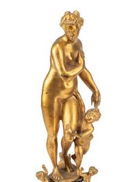 A Pair of Large Baroque Style Gilt and Patinated Bronze Figural Chenets