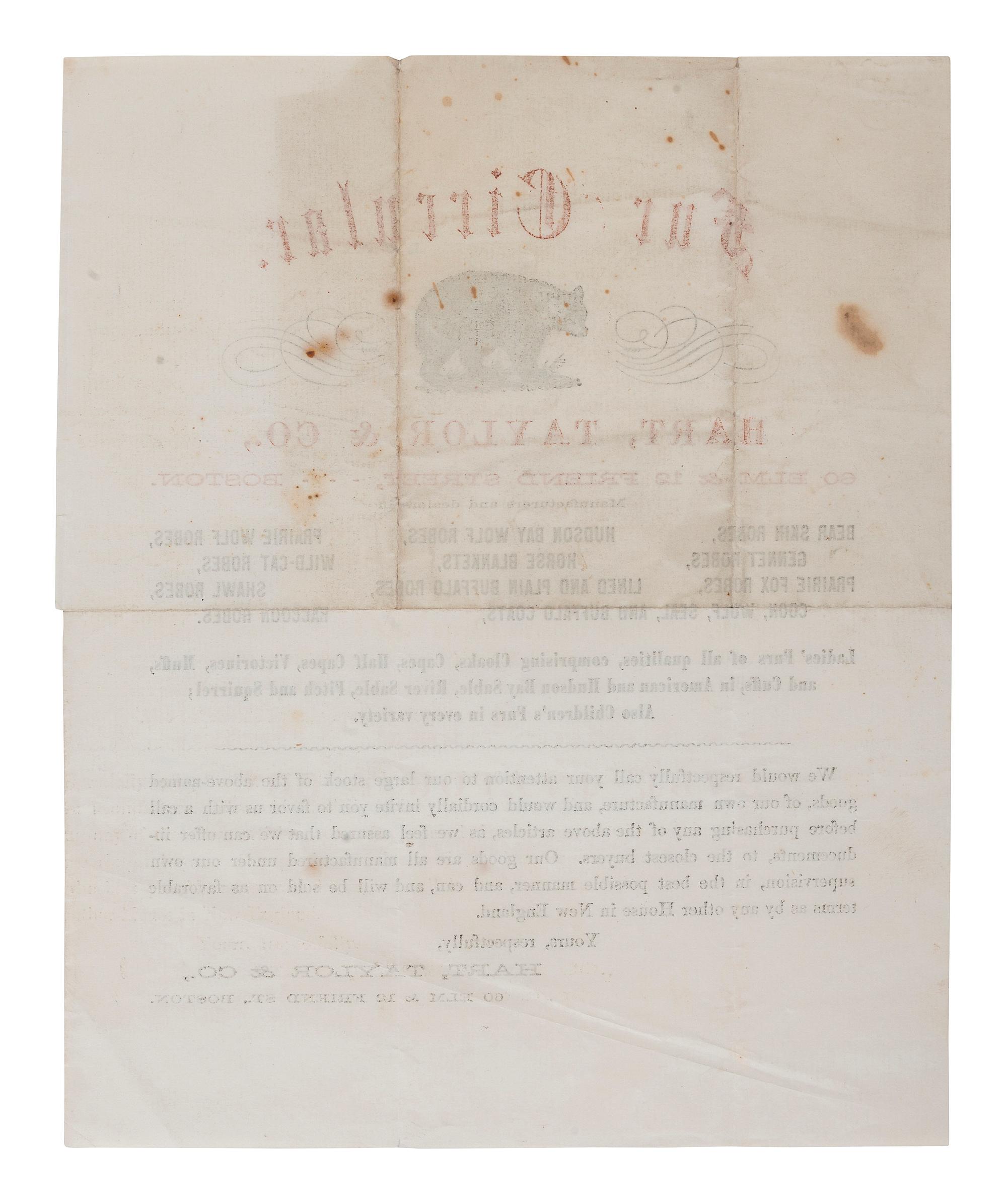 [ADVERTISING]. Fur Circular . Boston, MA: Hart, Taylor & Co., n.d. Illustrated broadside advertising wild animal fur robes, blankets, and coats.