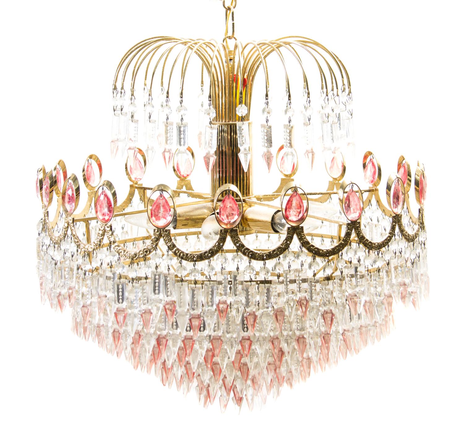 A Victorian Style Gilt Metal and Cut Glass Six-Light Chandelier, Height 20 x diameter 20 1/4 inches.