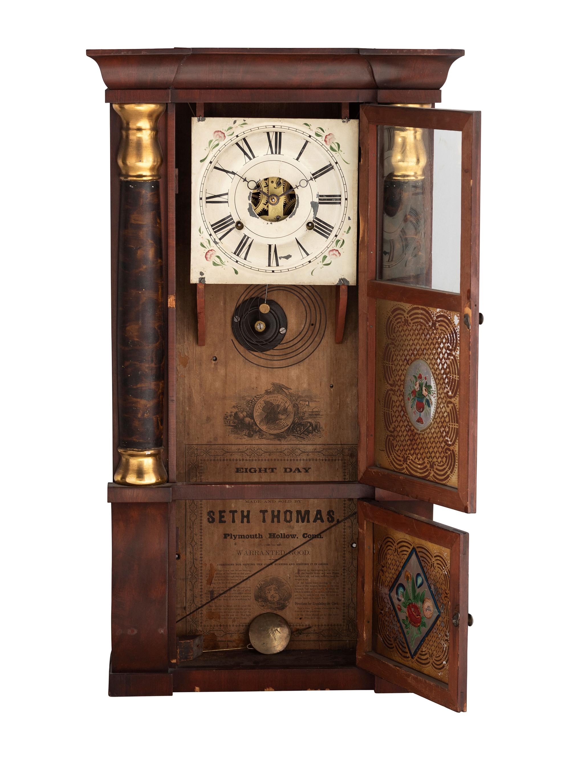 An American Classical Mahogany Eglomise Mantel Clock