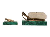Two Russian Gilt Metal Mounted Malachite Paperweights