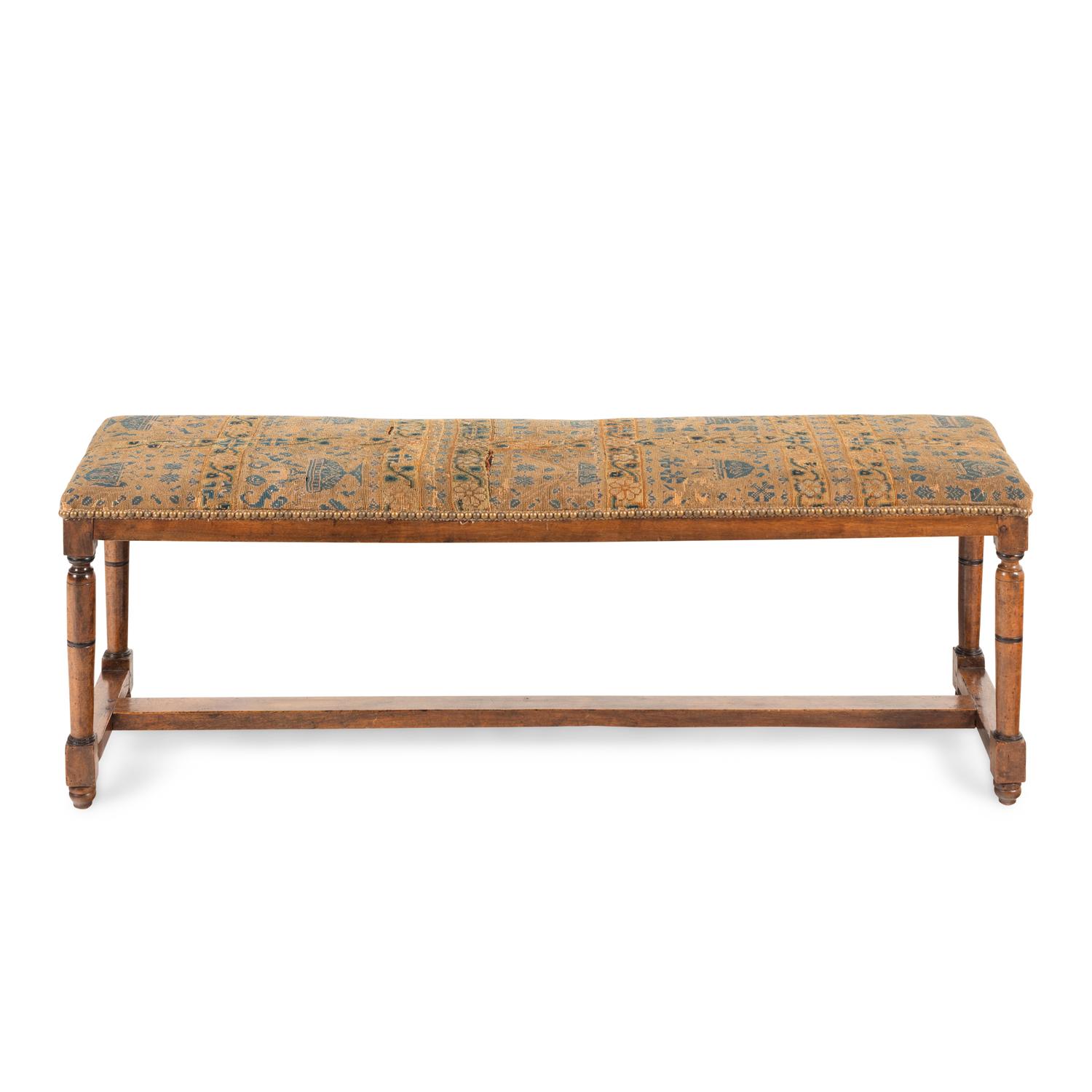 An English Provincial Fruitwood Needlework-Upholstered Bench