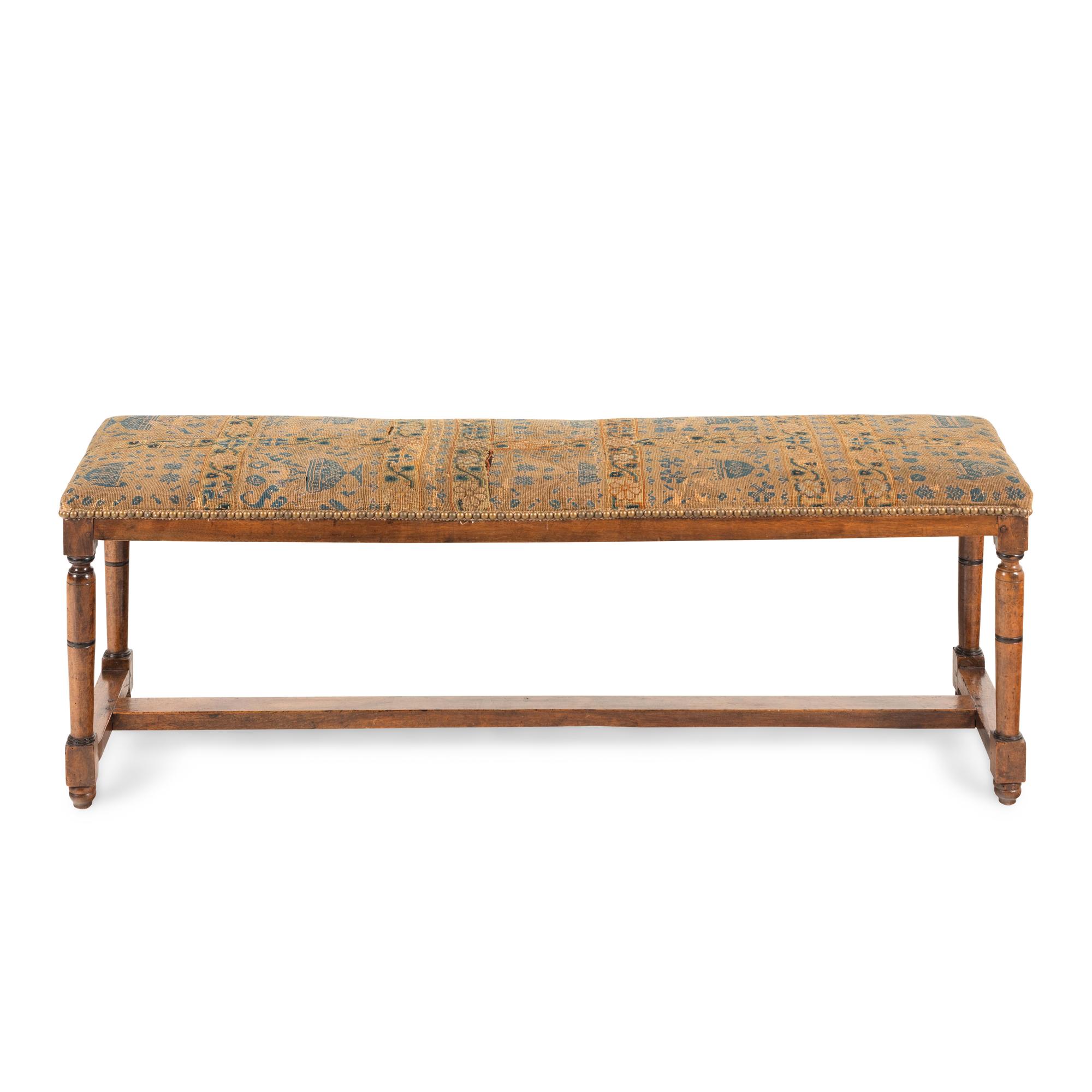An English Provincial Fruitwood Needlework-Upholstered Bench