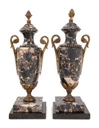 A Pair of Continental Gilt Metal Mounted Marble Urn Ornaments