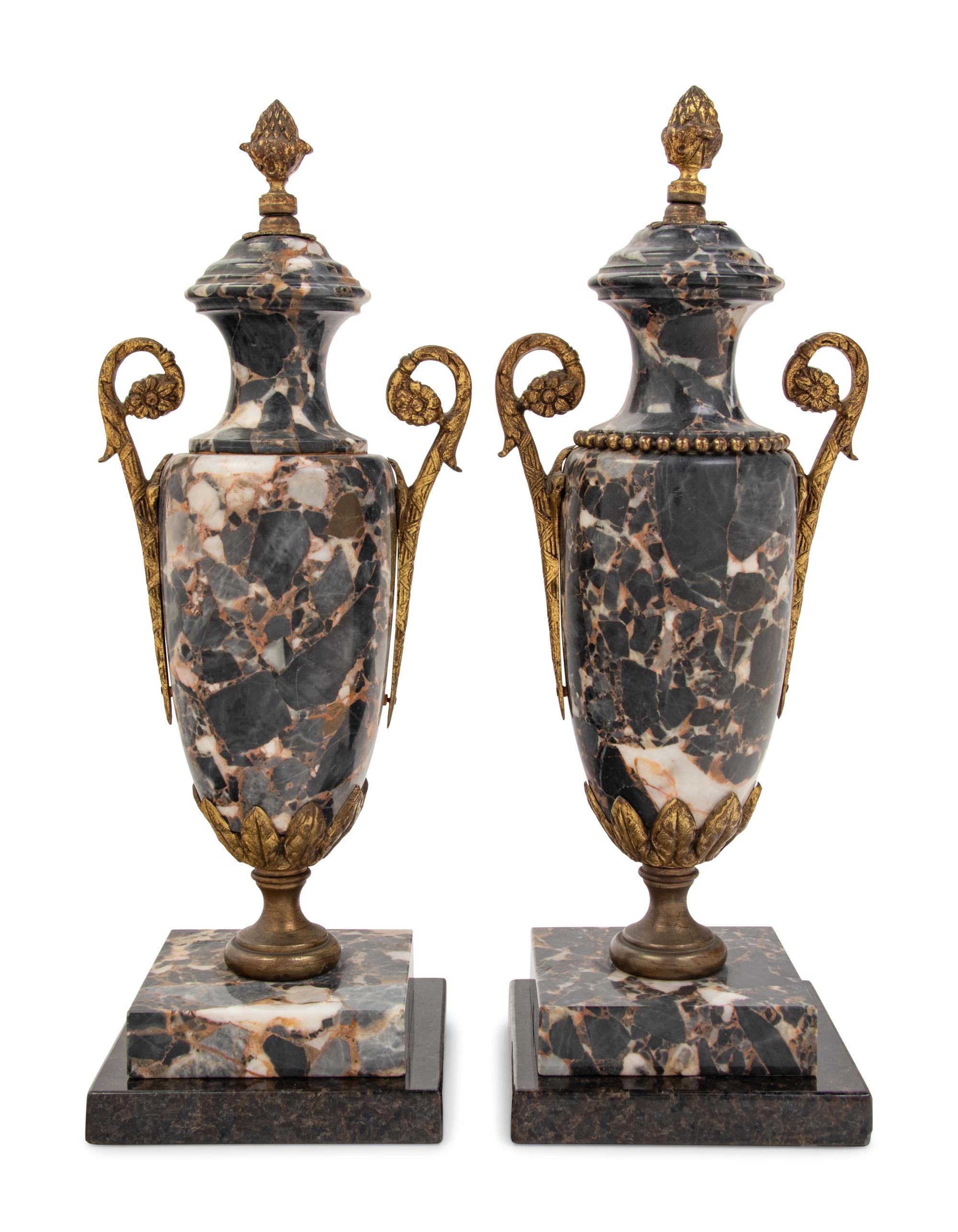 A Pair of Continental Gilt Metal Mounted Marble Urn Ornaments