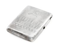 A Russian Silver Cigarette Case, Soviet Artel mark OKhA, Moscow, early 20th century, the lid engraved with a Soviet hammer and sickle a