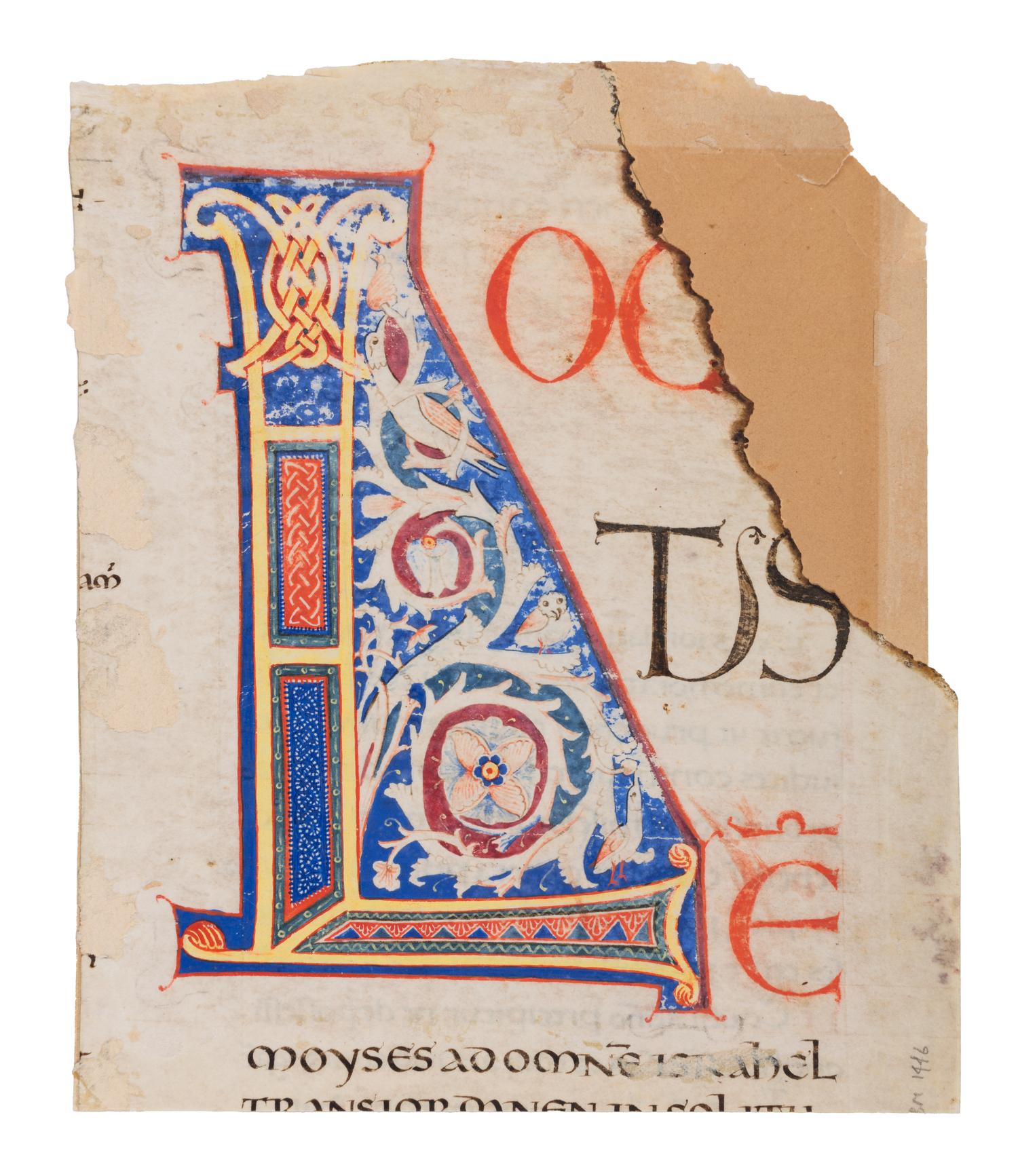 ITALIAN ROMANESQUE ARTIST A partial leaf from an “Atlantic” Bible, with illuminated initial ‘L’, in Latin, illuminated manuscript on parchment [Italy, Tuscany (Florence or Siena?), c. 1150-1175]