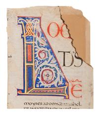 ITALIAN ROMANESQUE ARTIST A partial leaf from an “Atlantic” Bible, with illuminated initial ‘L’, in Latin, illuminated manuscript on parchment [Italy, Tuscany (Florence or Siena?), c. 1150-1175]