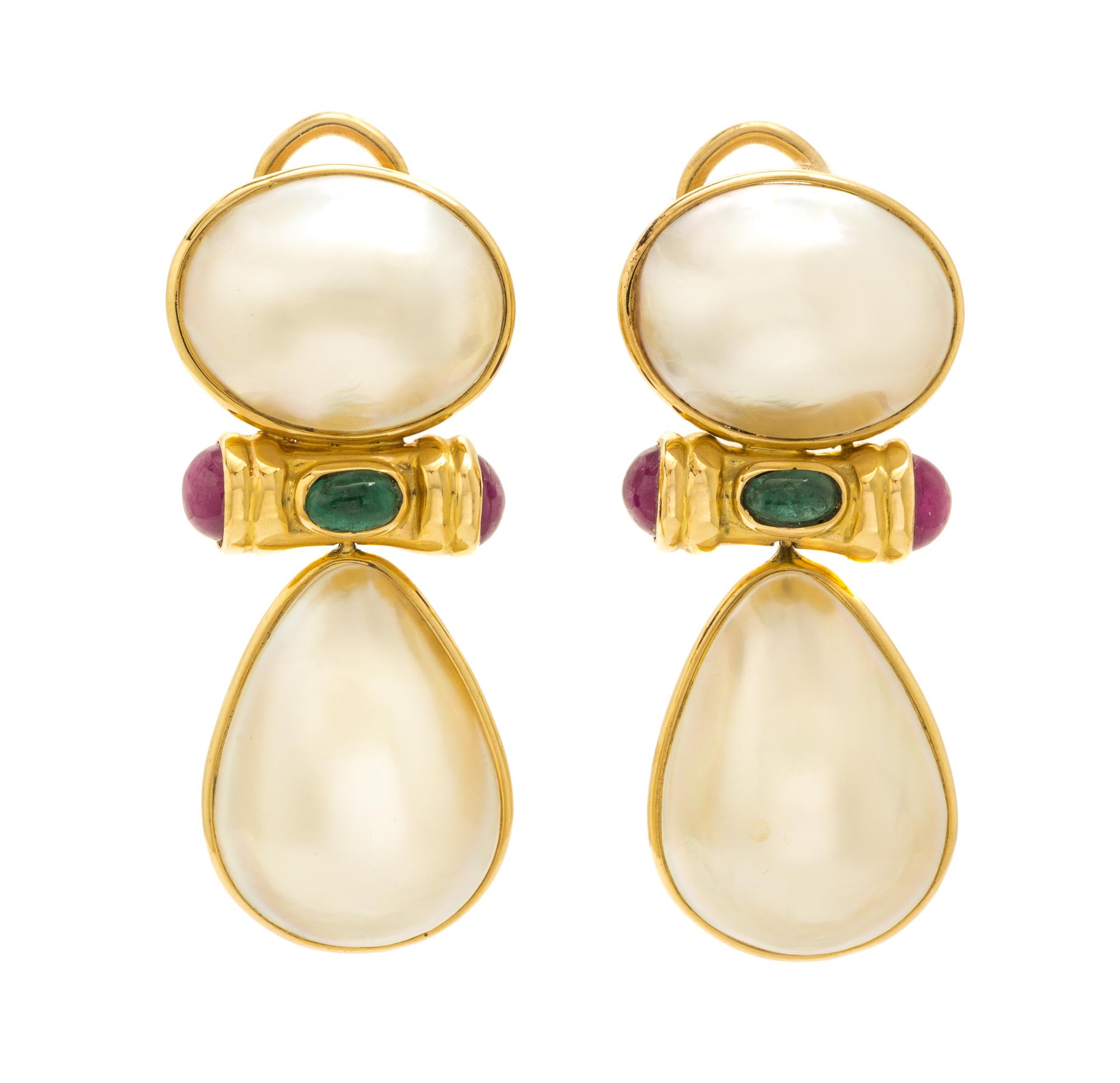 A Pair of 14 Karat Yellow Gold, Cultured Mabe Pearl, Emerald, and Ruby Earclips, 8.50 dwts.