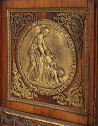 A Louis XVI Style Gilt Bronze Mounted Mahogany Marble-Top Commode à Vantaux