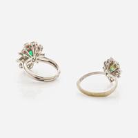 A Set of Two 14K Gold, Diamond, and Emerald Rings