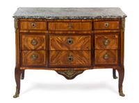 A Louis XV/XVI Transitional Gilt Bronze Mounted Fruitwood, Tulipwood and Mahogany Commode, JACQUES BIRCKLE, CIRCA 1770, Height 36 — JACQUES BIRCKLE, CIRCA 1770