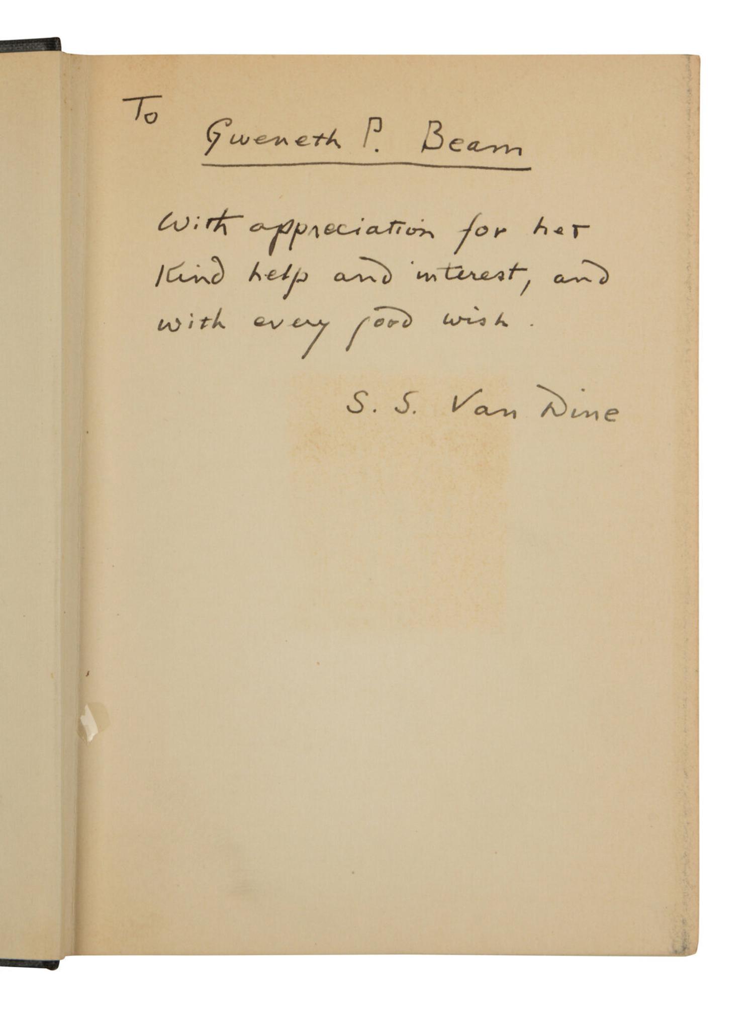 WRIGHT, William Huntington ("S.S. Van Dine") (1888-1939). A group of 6 Philo Vance titles, ALL FIRST EDITIONS, INSCRIBED, comprising: