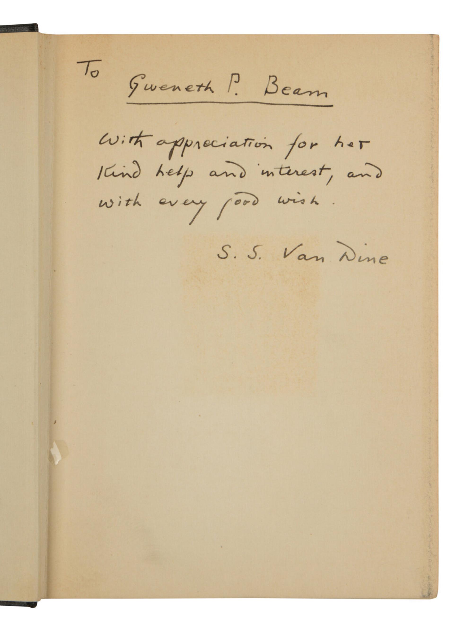 WRIGHT, William Huntington ("S.S. Van Dine") (1888-1939). A group of 6 Philo Vance titles, ALL FIRST EDITIONS, INSCRIBED, comprising: