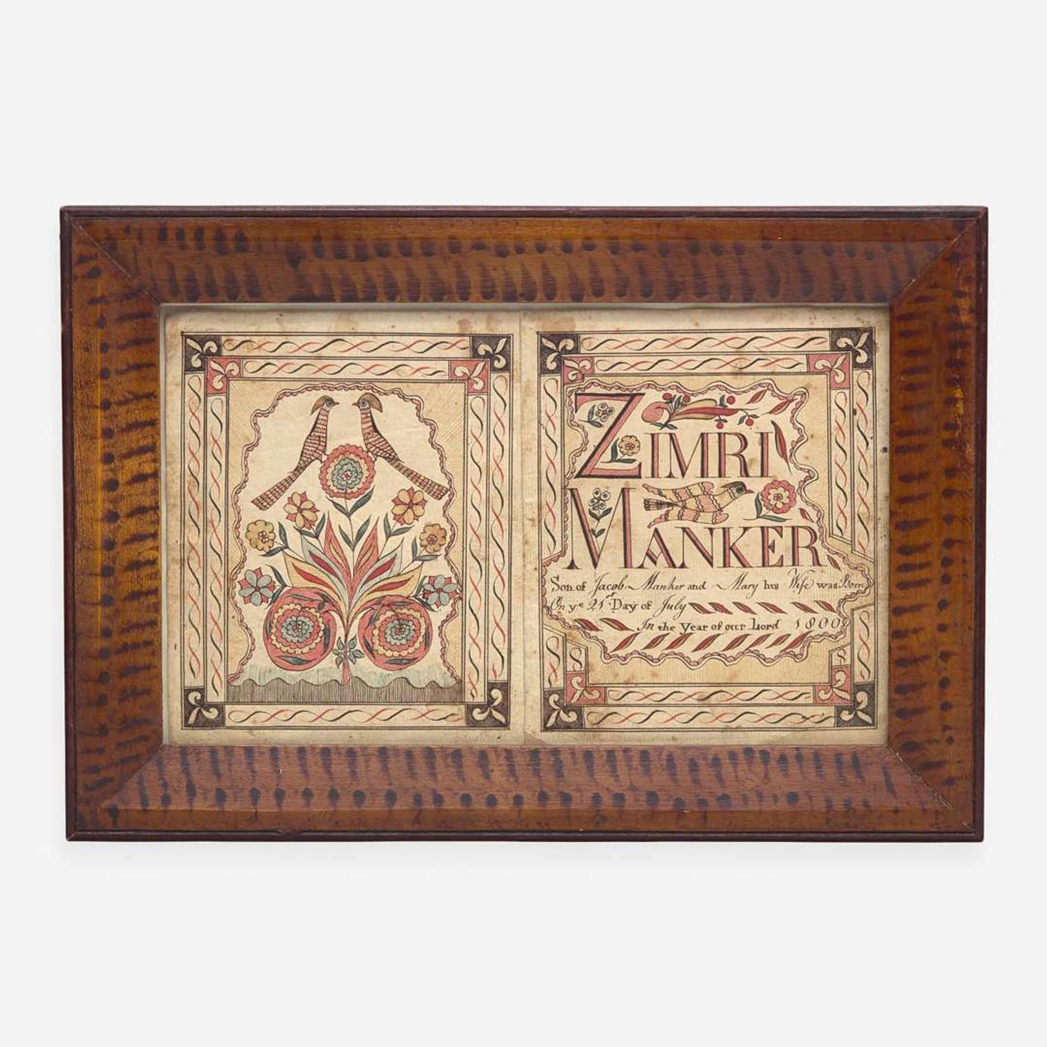 A Fraktur for Zimri Manker (1800-1882) The Virginia Record Book Artist (active 1795-1825), probably Berkeley County, West Virginia