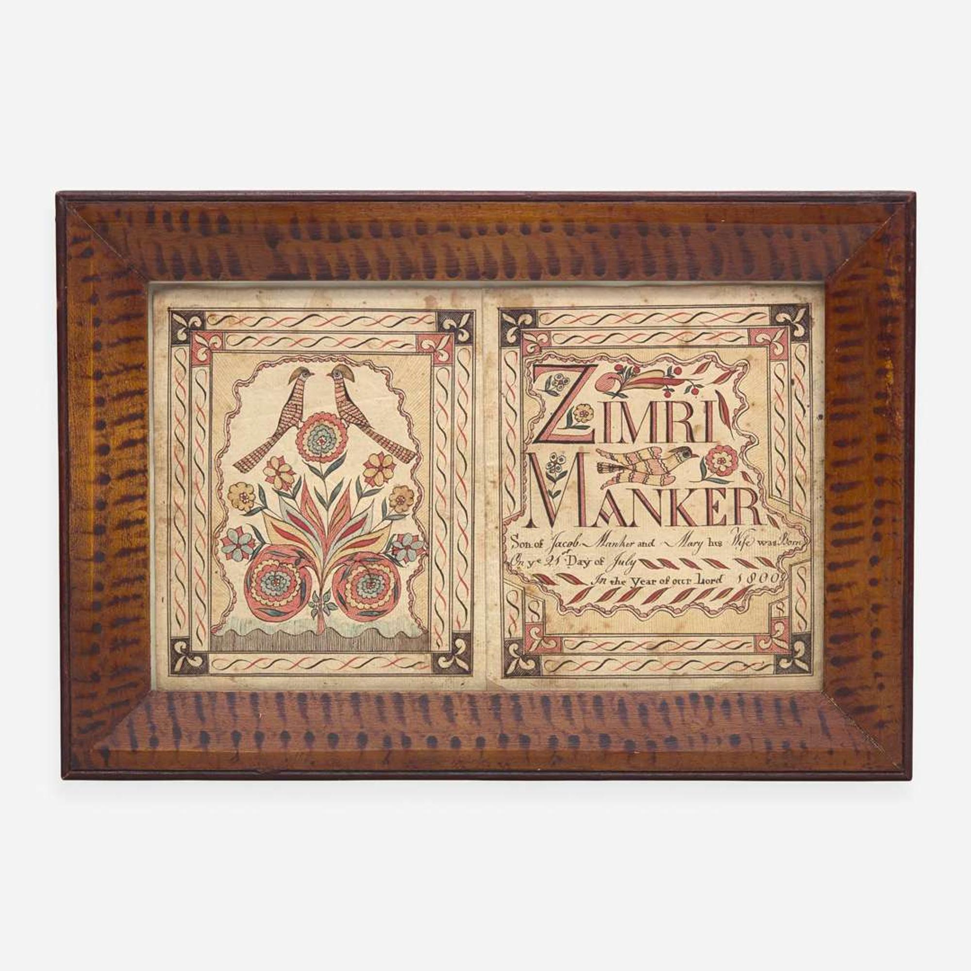 A Fraktur for Zimri Manker (1800-1882) The Virginia Record Book Artist (active 1795-1825), probably Berkeley County, West Virginia