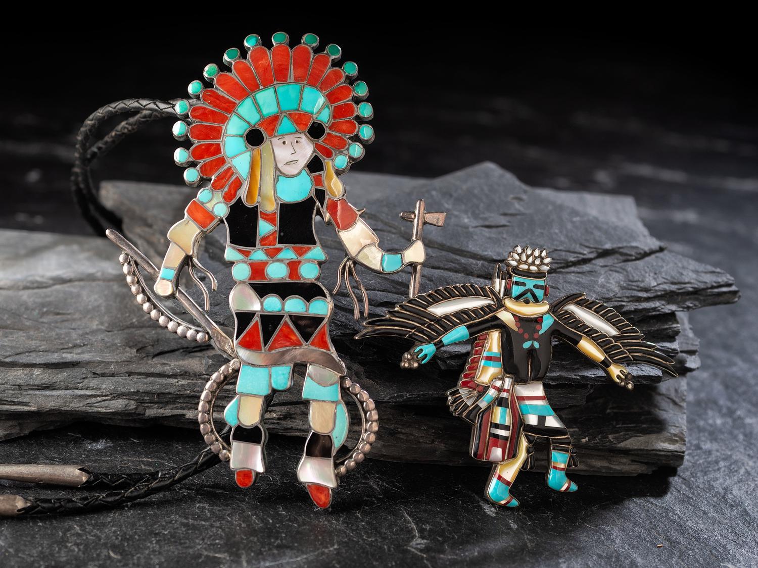 Pair of Zuni Mosaic Inlay Dancer Bolo Ties
