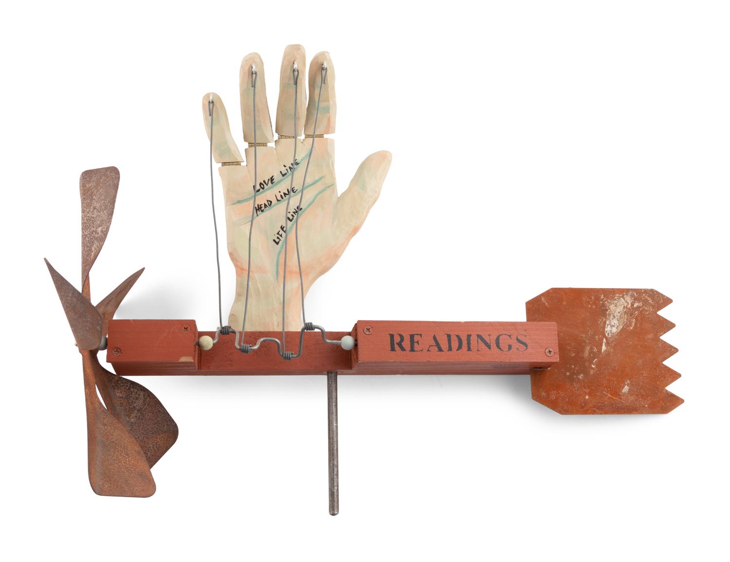 A Carved and Painted Wood Palm Reader Whirlgig