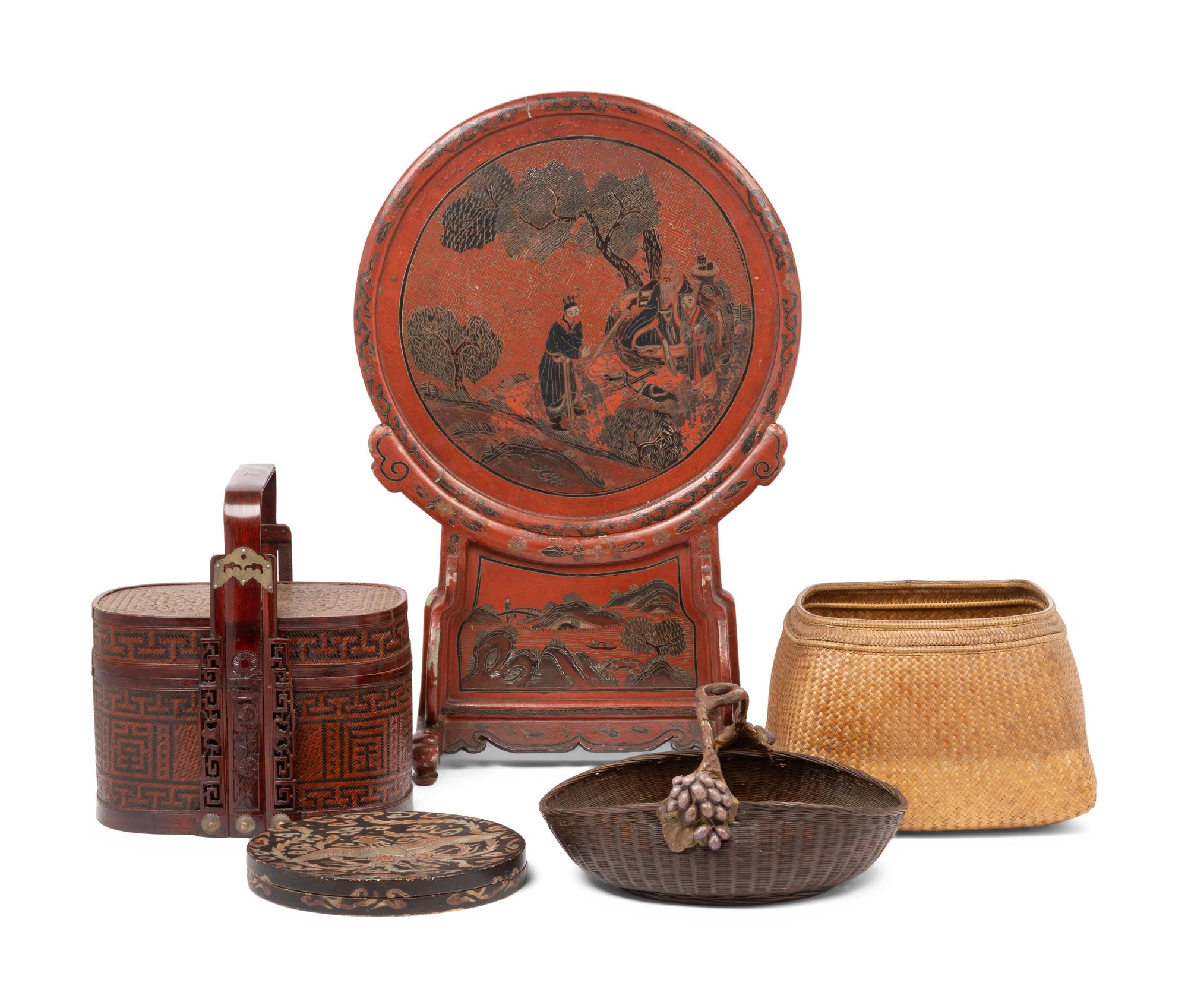 Three Chinese Baskets and Two Lacquer Wares