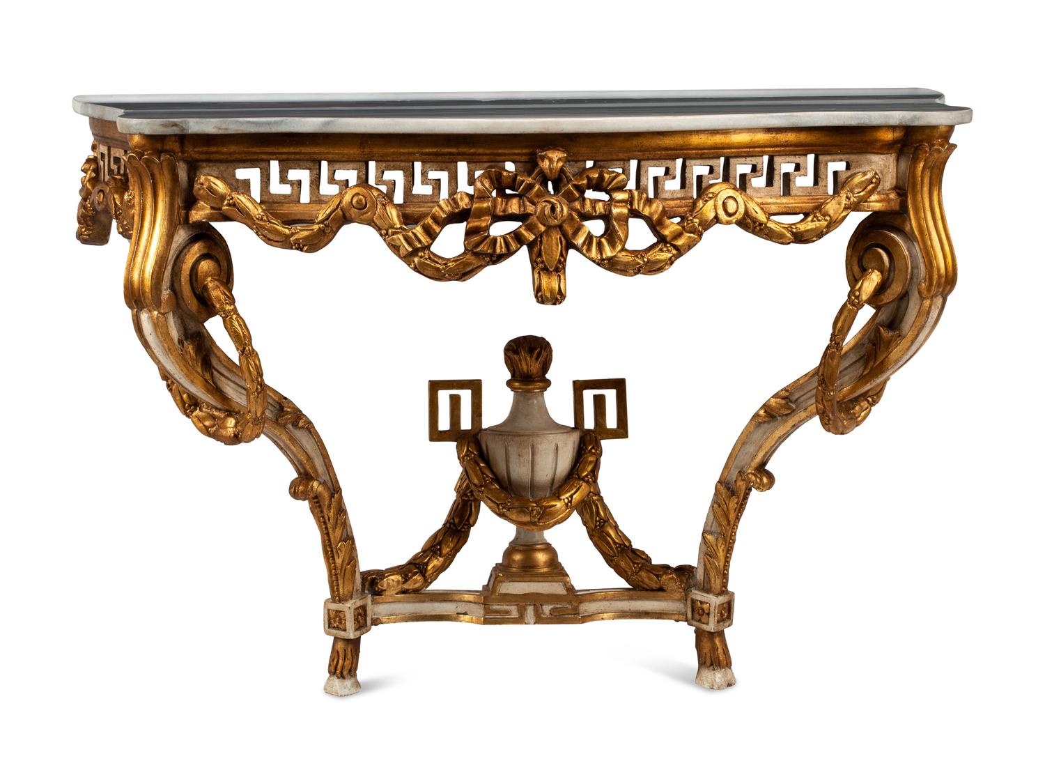 A Pair of Italian Neoclassical Style White Painted and Parcel Gilt Marble-Top Console Tables