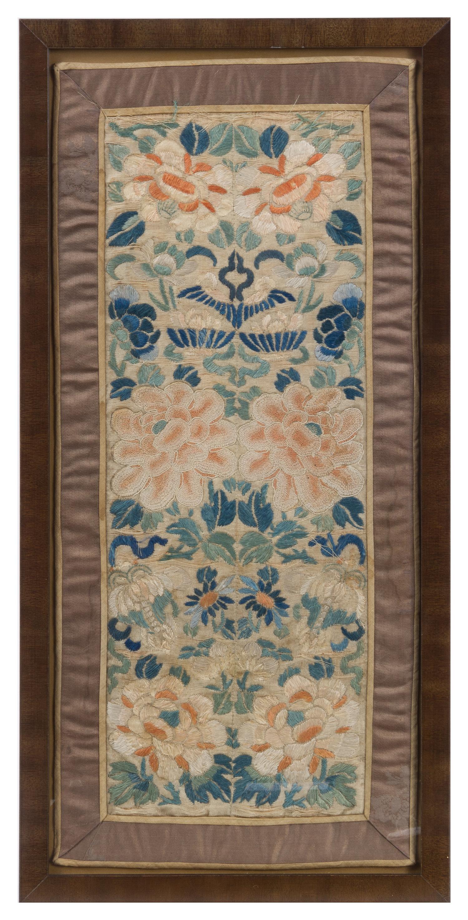 Two Embroidered Silk Panels Height of taller overall 23 x width 11 1/4 inches.