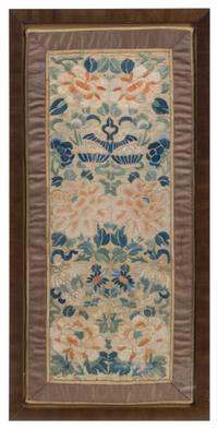 Two Embroidered Silk Panels Height of taller overall 23 x width 11 1/4 inches.